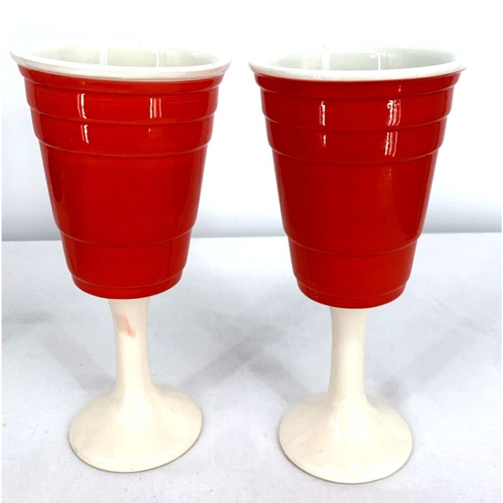 Red Solo Cup Living Reusable Stem Wine Cup Red Barware Ceramic 8" Lot of 2 - Picture 4 of 8